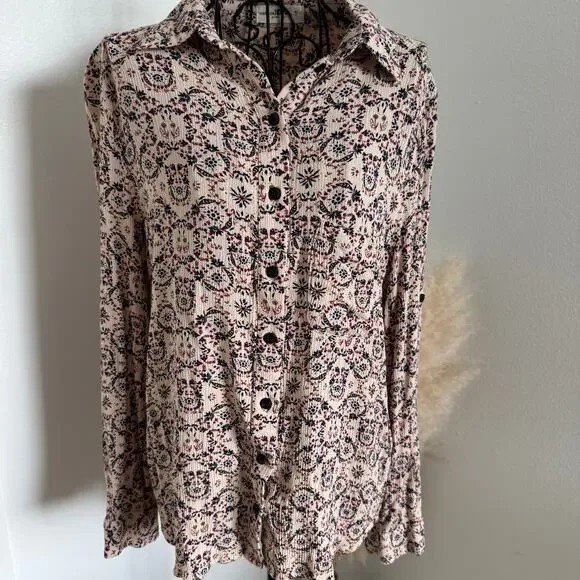 Natural Life Cream Floral Boho Chic Button Down Top Small- Cottagecore - Picture 1 of 10